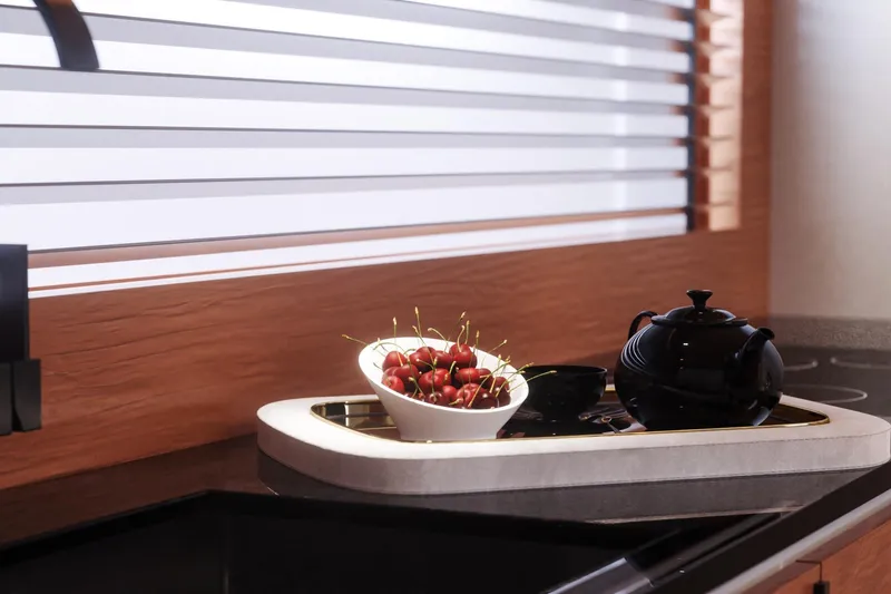  Yacht Photos Pics Luxurious Cantieri di Pisa 80 Fast yacht interior with cherries and teapot on a tray, 2026 model.