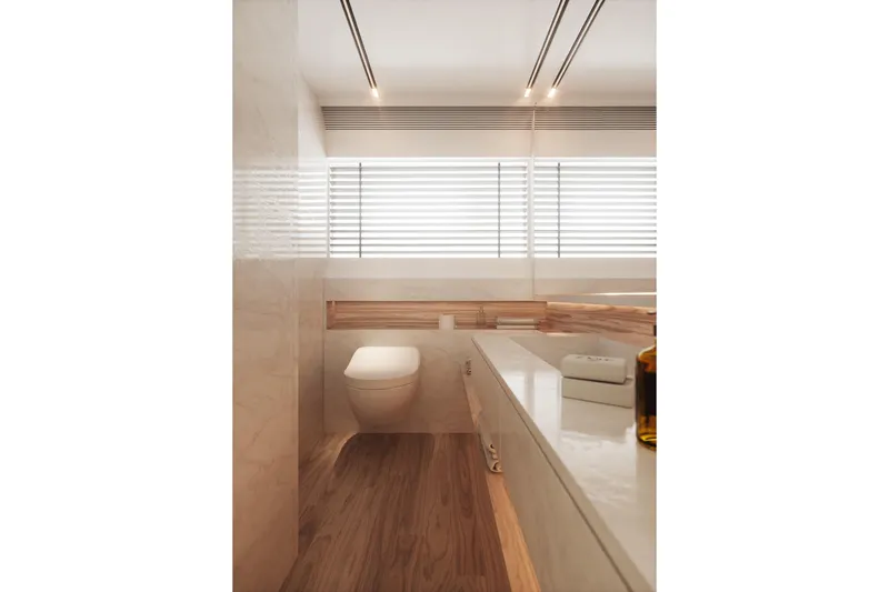  Yacht Photos Pics Luxurious bathroom interior of 2026 Cantieri di Pisa 80 Fast yacht, featuring modern design elements.