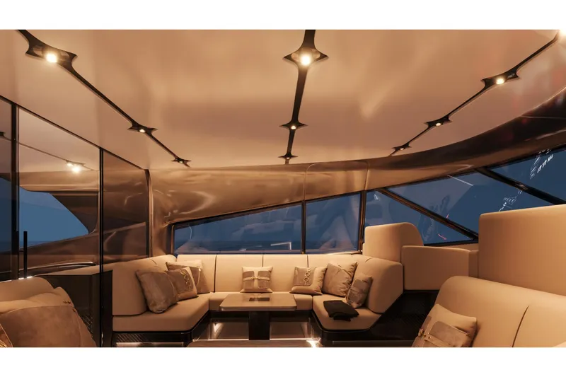  Yacht Photos Pics Luxurious interior of 2026 Cantieri di Pisa 80 Fast yacht with elegant seating and modern lighting.