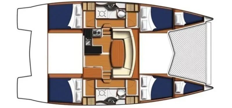 Cocoa Bella Yacht Photos Pics Floor plan of a 2011 Leopard 38 catamaran, featuring cabins, bathrooms, and a central living area.