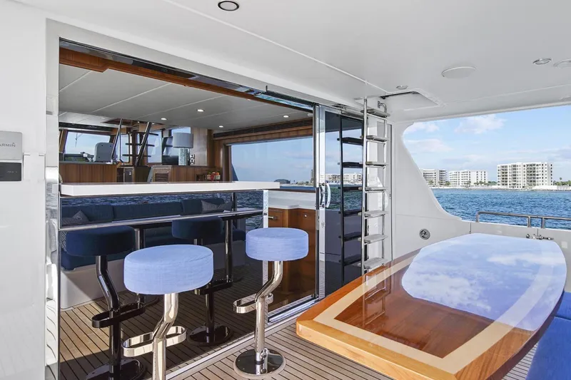 Daddy-o Yacht Photos Pics 2023 Outer Reef Yachts 670 Azure Custom Cockpit Motoryacht interior with ocean view and modern seating.