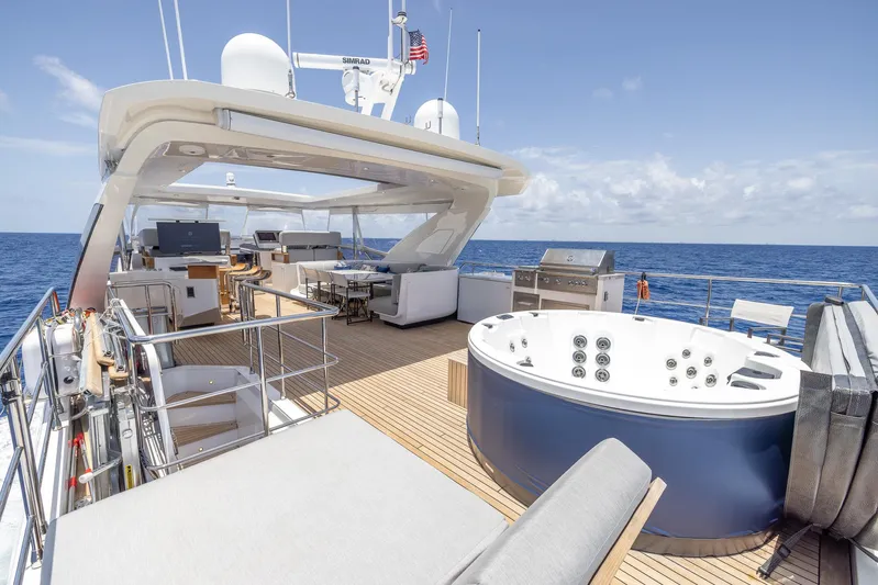 Captain Morgan II Yacht Photos Pics Luxurious Azimut Grande 27 METRI yacht deck with jacuzzi and ocean view, 2021 model.
