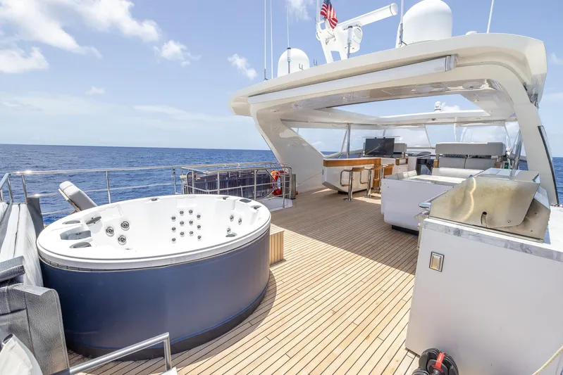 Captain Morgan II Yacht Photos Pics Luxurious Azimut Grande 27 METRI yacht deck with jacuzzi and seating area, 2021 model.