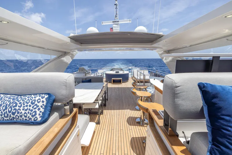 Captain Morgan II Yacht Photos Pics Luxurious 2021 Azimut Grande 27 METRI yacht deck with elegant seating and ocean view.