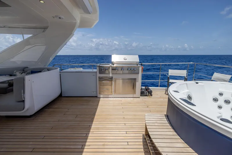 Captain Morgan II Yacht Photos Pics Luxurious deck of 2021 Azimut Grande 27 METRI yacht with jacuzzi and grill.