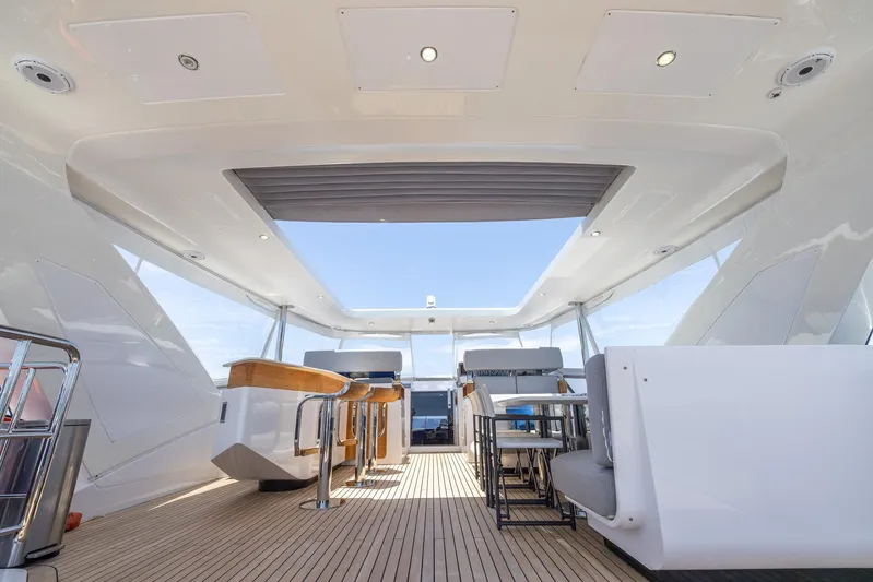 Captain Morgan II Yacht Photos Pics Luxurious interior of 2021 Azimut Grande 27 METRI yacht with modern seating and open roof.