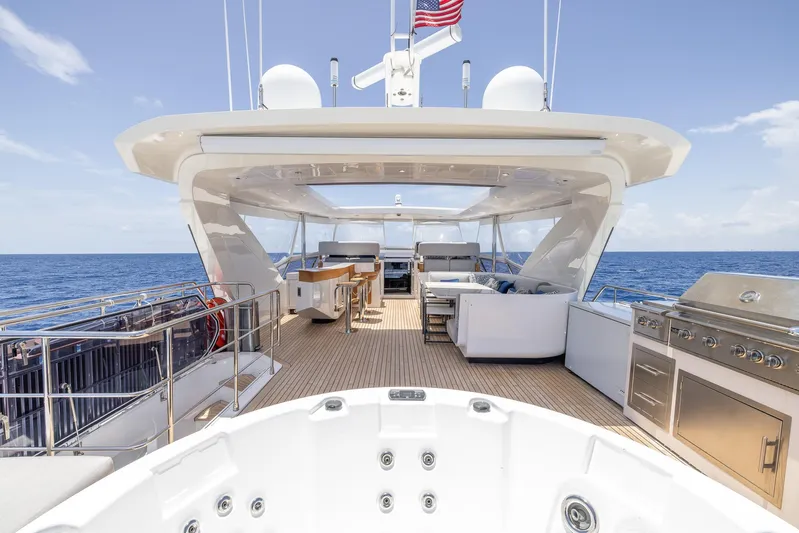 Captain Morgan II Yacht Photos Pics Luxurious 2021 Azimut Grande 27 METRI yacht deck with jacuzzi and ocean view.