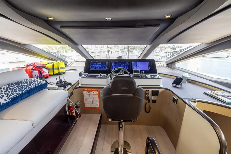 Captain Morgan II Yacht Photos Pics Luxurious helm of 2021 Azimut Grande 27 METRI yacht with modern navigation equipment.