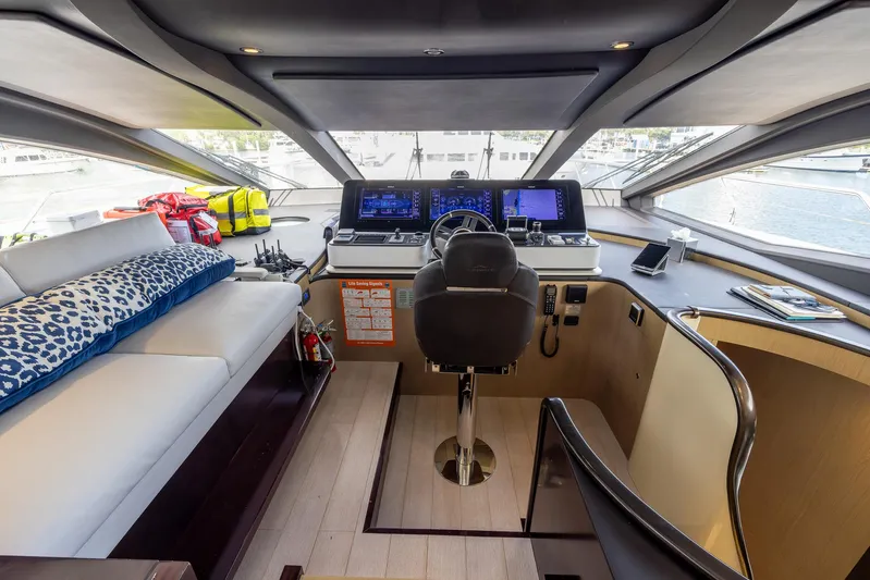 Captain Morgan II Yacht Photos Pics Luxurious helm of 2021 Azimut Grande 27 METRI yacht with modern navigation controls.