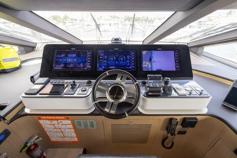 Captain Morgan II Yacht Photos Pics Helm of 2021 Azimut Grande 27 METRI yacht with advanced navigation controls and displays.