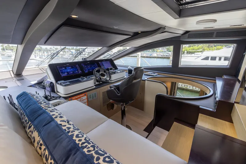 Captain Morgan II Yacht Photos Pics Luxurious interior of 2021 Azimut Grande 27 METRI yacht with modern helm and seating.