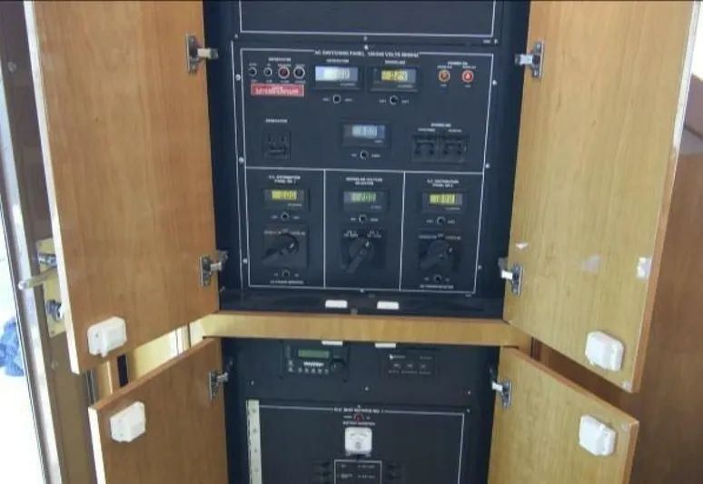 Burnin Daylight Yacht Photos Pics Electrical control panel on a 2006 Hatteras 50 Convertible yacht.