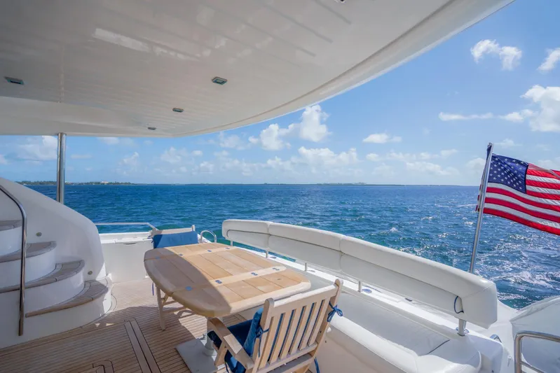 My Sirena Yacht Photos Pics Luxurious 2008 Sunseeker Manhattan 70 yacht deck with ocean view and American flag.