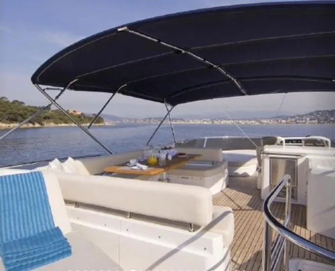 My Sirena Yacht Photos Pics Luxury Sunseeker Manhattan 70 yacht deck with seating, dining area, and canopy, 2008 model.