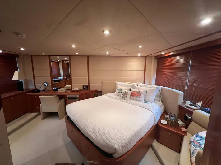 My Sirena Yacht Photos Pics Luxurious bedroom interior of 2008 Sunseeker Manhattan 70 yacht with elegant furnishings.