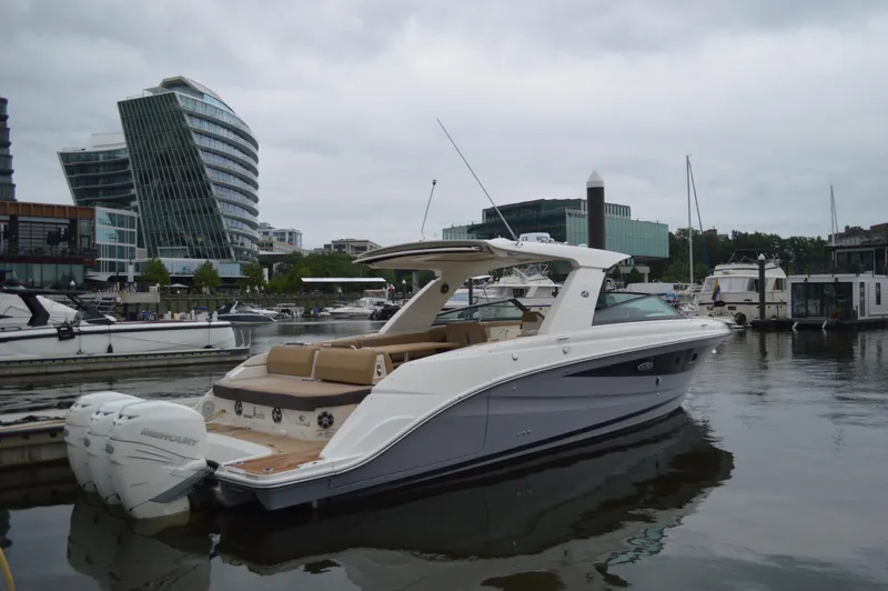 La Santa Yacht Photos Pics 2019 Sea Ray SLX 400 Outboard docked in a modern marina setting.