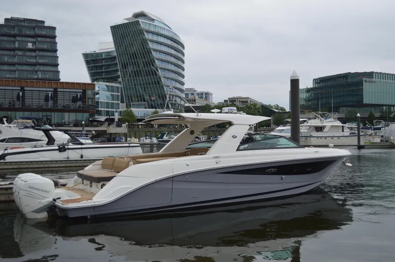 La Santa Yacht Photos Pics 2019 Sea Ray SLX 400 Outboard yacht docked in urban marina setting.