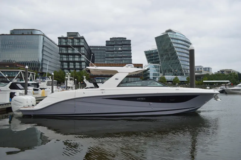 La Santa Yacht Photos Pics 2019 Sea Ray SLX 400 Outboard yacht docked in urban marina setting.