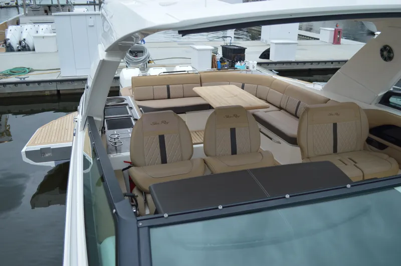 La Santa Yacht Photos Pics 2019 Sea Ray SLX 400 Outboard boat interior with luxurious seating and dining area.