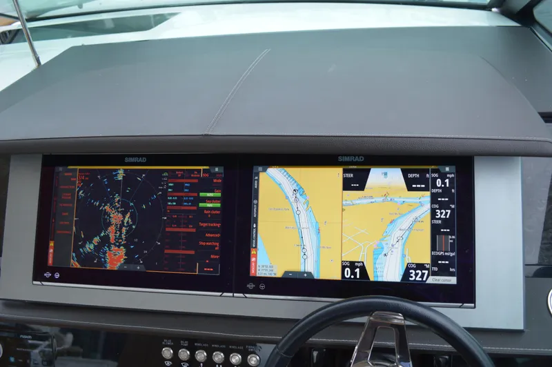 La Santa Yacht Photos Pics 2019 Sea Ray SLX 400 Outboard dashboard with Simrad navigation displays.