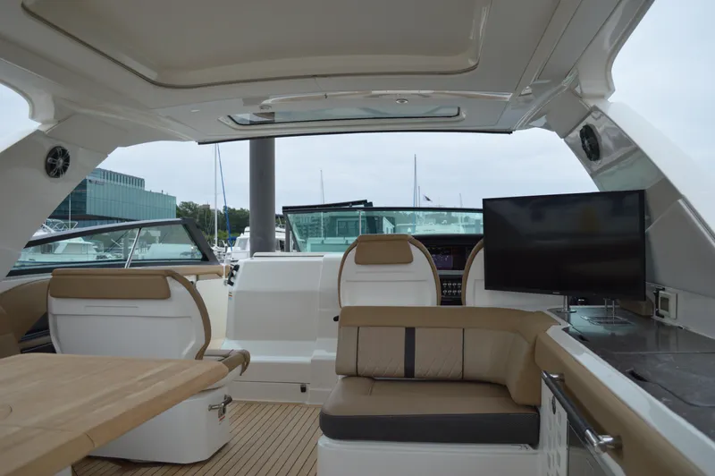 La Santa Yacht Photos Pics Interior of 2019 Sea Ray SLX 400 Outboard yacht with seating and TV.