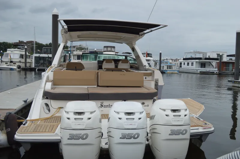 La Santa Yacht Photos Pics 2019 Sea Ray SLX 400 Outboard with triple Mercury 350 engines docked at marina.