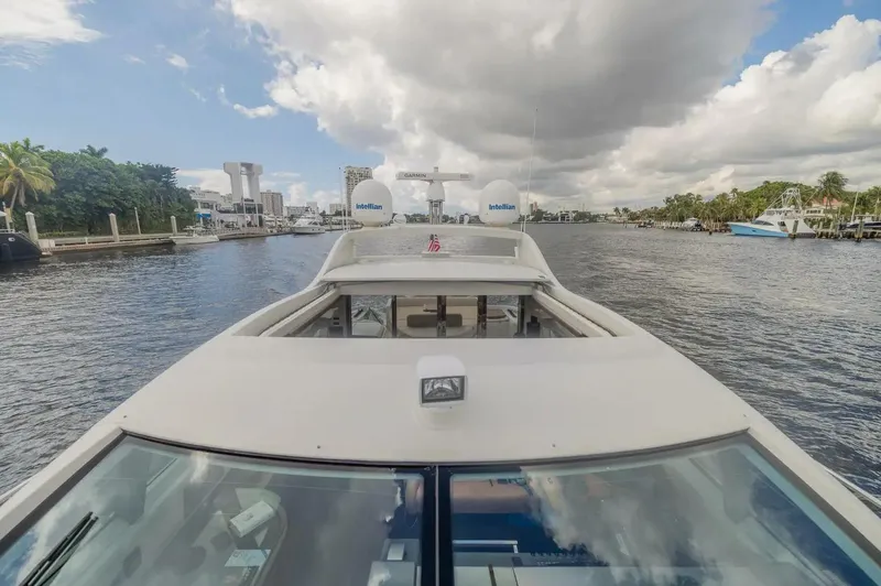 62 Azimut 62s Yacht Photos Pics 2008 Azimut 62S yacht cruising on a scenic waterway under a partly cloudy sky.