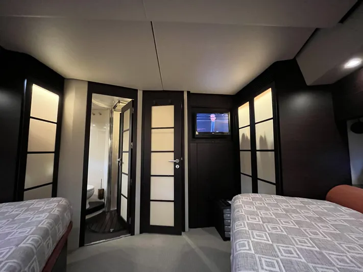 62 Azimut 62s Yacht Photos Pics Interior of 2008 Azimut 62S yacht with modern design and twin beds.