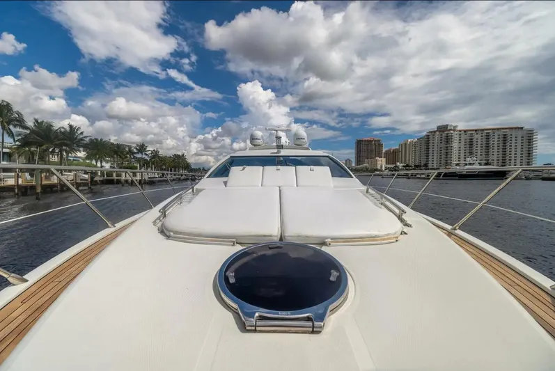 62 Azimut 62s Yacht Photos Pics 2008 Azimut 62S yacht on water, clear sky, cityscape in background.