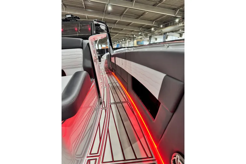  Yacht Photos Pics 2024 Cigarette 41' Nighthawk SD Edition interior with sleek design and red LED lighting.