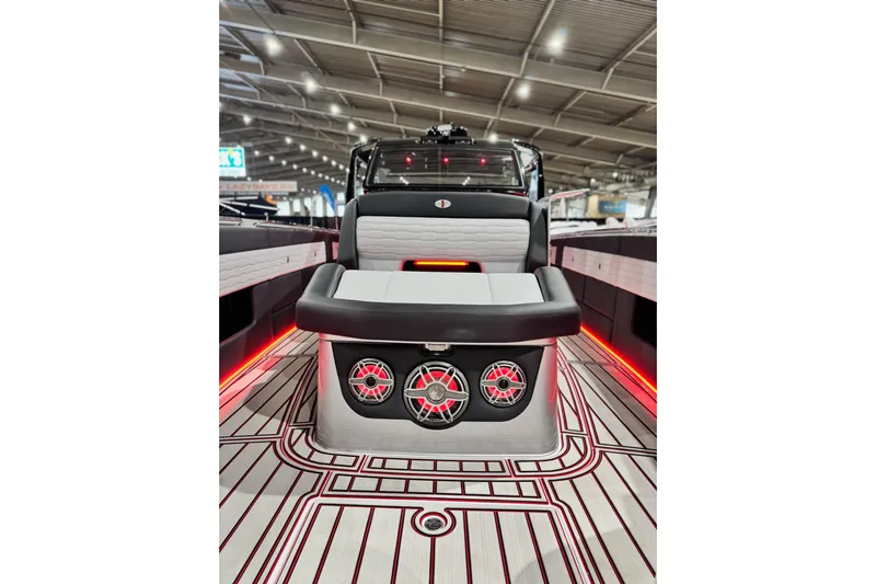  Yacht Photos Pics 2024 Cigarette 41' Nighthawk SD Edition boat interior with stylish seating and vibrant lighting.