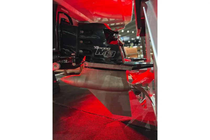  Yacht Photos Pics 2024 Cigarette 41' Nighthawk SD Edition boat engine detail with red lighting.