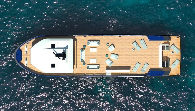 Lynx Yxt 34m Yacht Photos Pics Aerial view of 2024 Lynx YXT 34 yacht on blue ocean water.