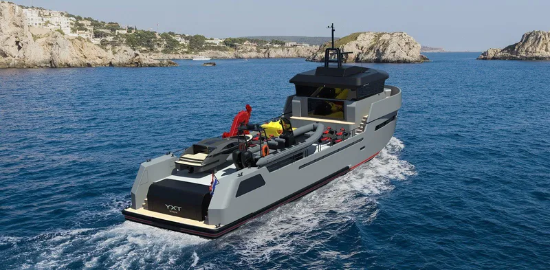 Lynx Yxt 34m Yacht Photos Pics 2024 Lynx YXT 34 yacht cruising in clear blue waters near rocky coastline.