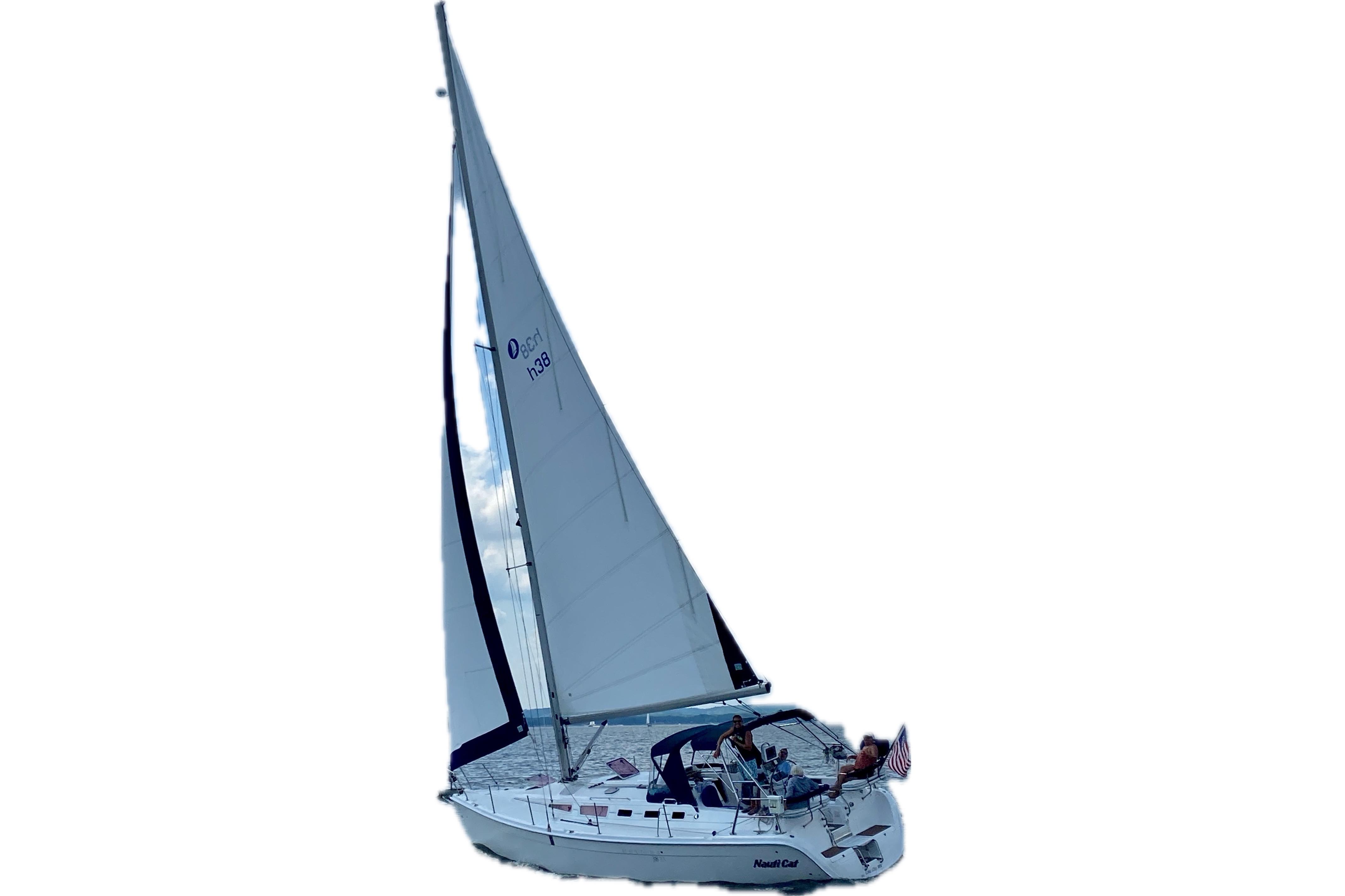 2005 Hunter 38 sailboat with full sails on open water.