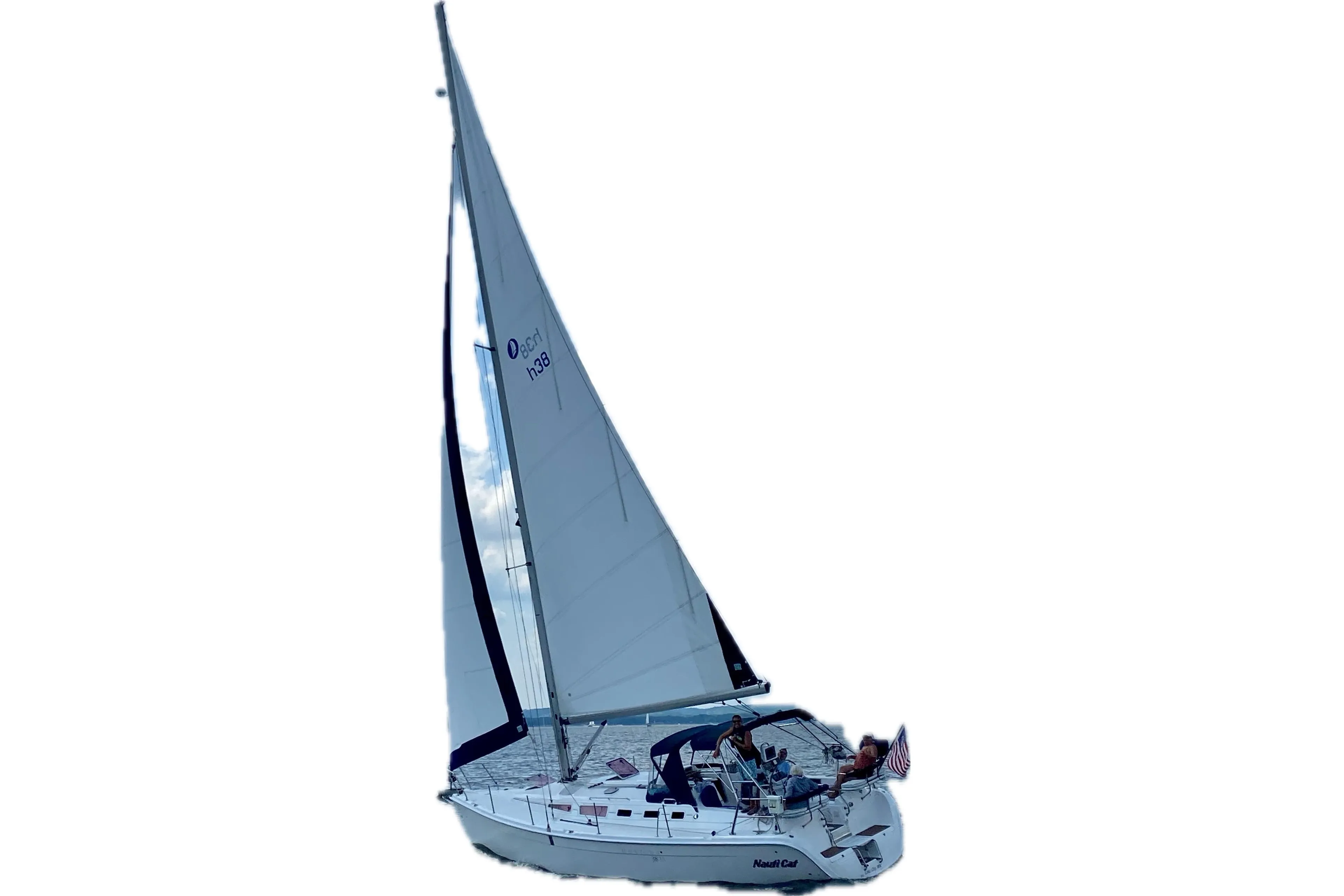 2005 Hunter 38 sailboat with full sails on open water.