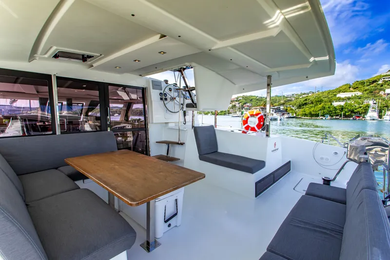 Bodhi Quest Yacht Photos Pics Spacious deck of 2023 Fountaine Pajot Isla 40 catamaran with seating and table.