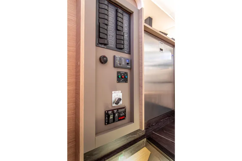 Bodhi Quest Yacht Photos Pics Electrical panel and controls inside 2023 Fountaine Pajot Isla 40 catamaran.