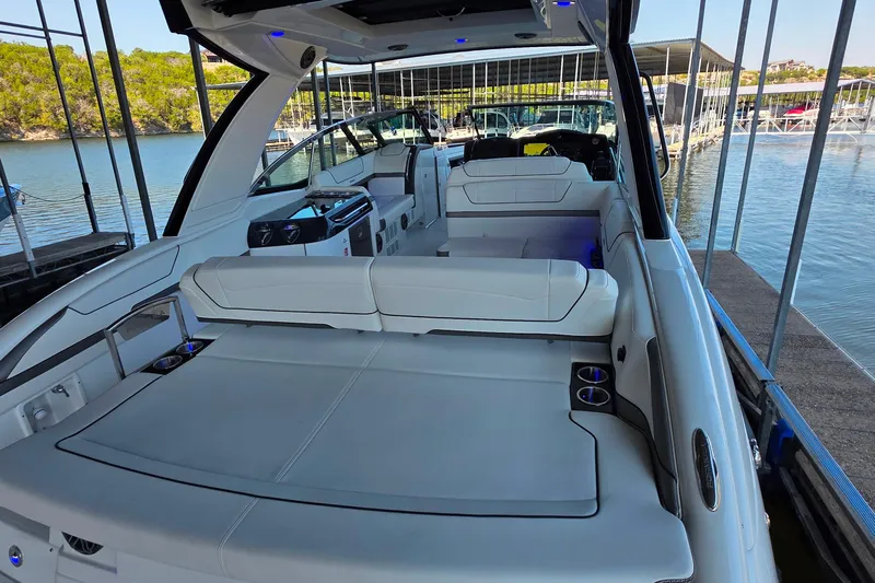  Yacht Photos Pics 2026 Formula 350 Crossover Bowrider I/O, luxurious interior, docked at marina.