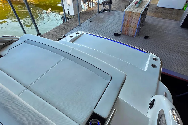  Yacht Photos Pics 2026 Formula 350 Crossover Bowrider I/O at dock, featuring spacious seating and sleek design.