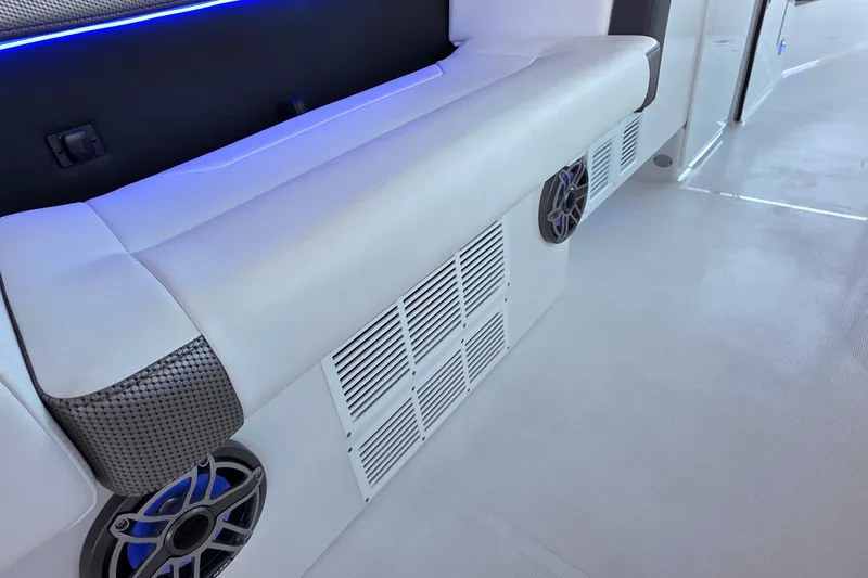  Yacht Photos Pics Interior of 2026 Formula 350 Crossover Bowrider I/O with sleek seating and modern speaker system.