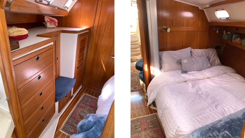  Yacht Photos Pics 2004 Catalina 42 MkII interior with cozy bedroom and wooden cabinetry.