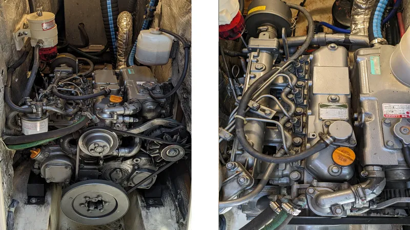  Yacht Photos Pics Engine compartment of a 2004 Catalina 42 MkII sailboat, showcasing mechanical components.