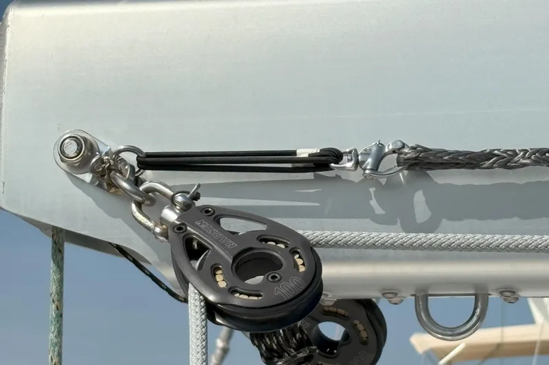 Remedy Yacht Photos Pics Close-up of rigging hardware on a 2012 Jeanneau 57 sailboat.