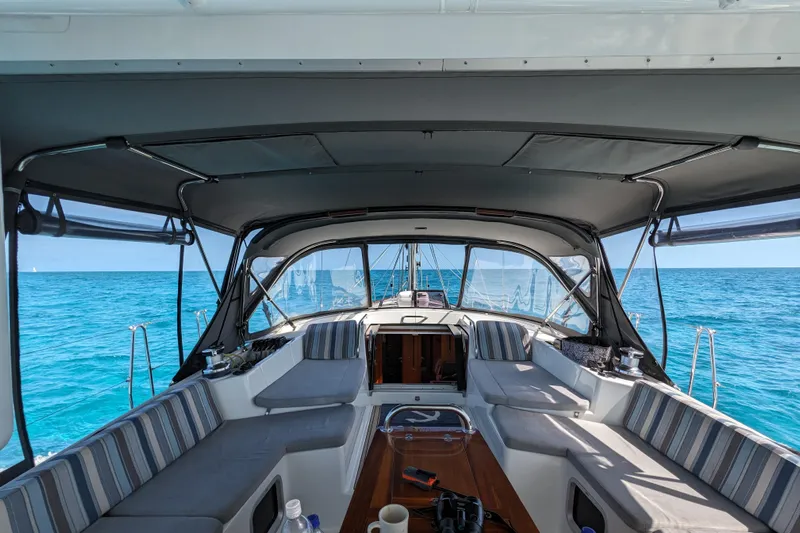 Remedy Yacht Photos Pics Interior view of 2012 Jeanneau 57 yacht with ocean backdrop.
