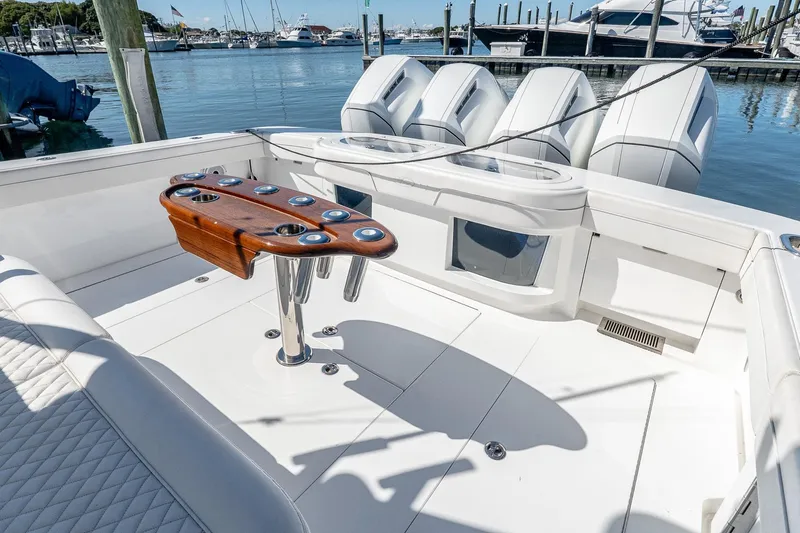  Yacht Photos Pics 2023 Valhalla Boatworks V-46 cockpit with fishing rod holders and powerful outboard engines.