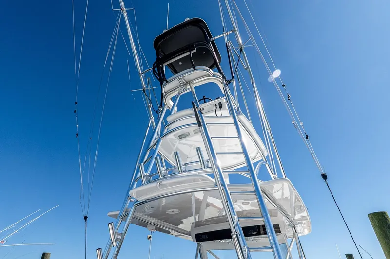  Yacht Photos Pics 2023 Valhalla Boatworks V-46 tower against clear blue sky.