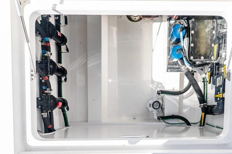  Yacht Photos Pics 2023 Valhalla Boatworks V-46 engine compartment with visible wiring and components.