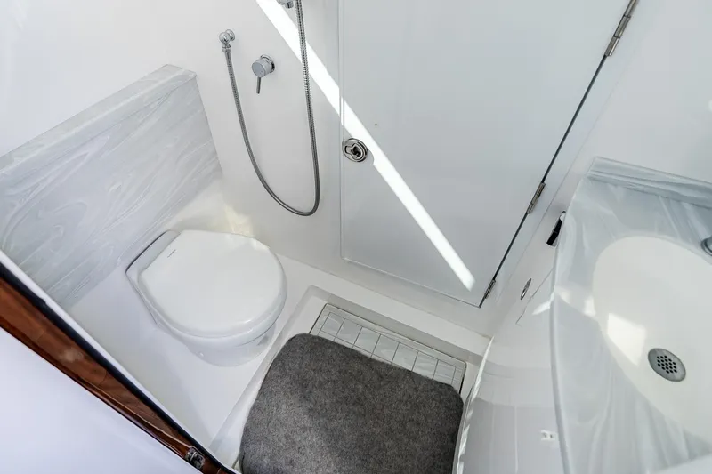  Yacht Photos Pics 2023 Valhalla Boatworks V-46 bathroom with toilet, shower, and sink.