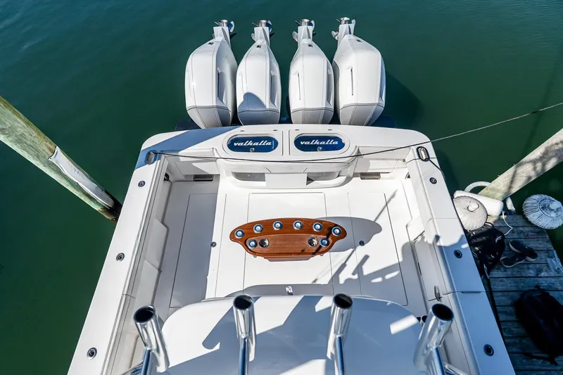  Yacht Photos Pics 2023 Valhalla Boatworks V-46 with quad engines, docked, aerial view.